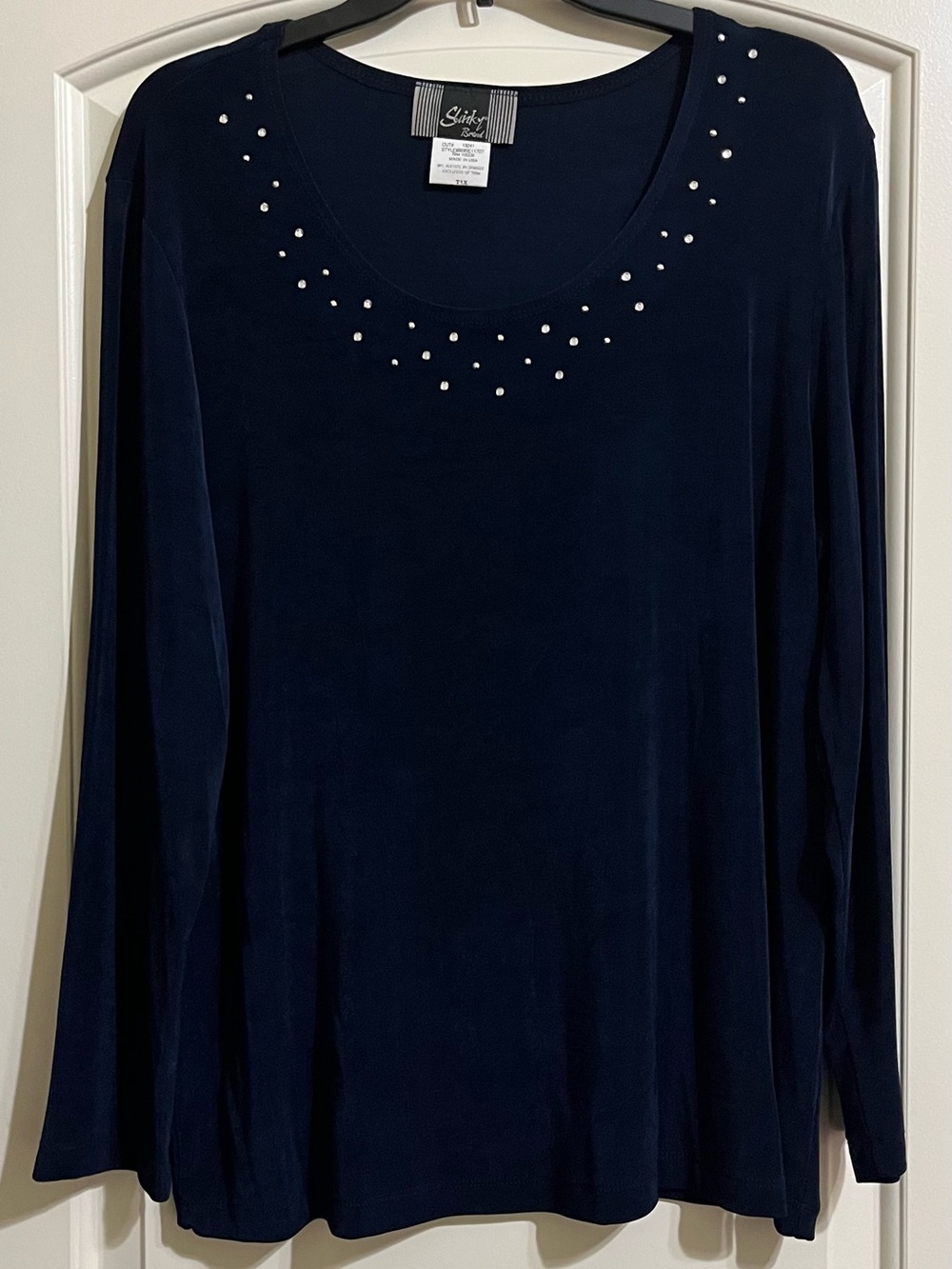 Slinky Brand Dark Navy Blue Scoop Neck Rhinestone Long Sleeves Top Blouse 1X